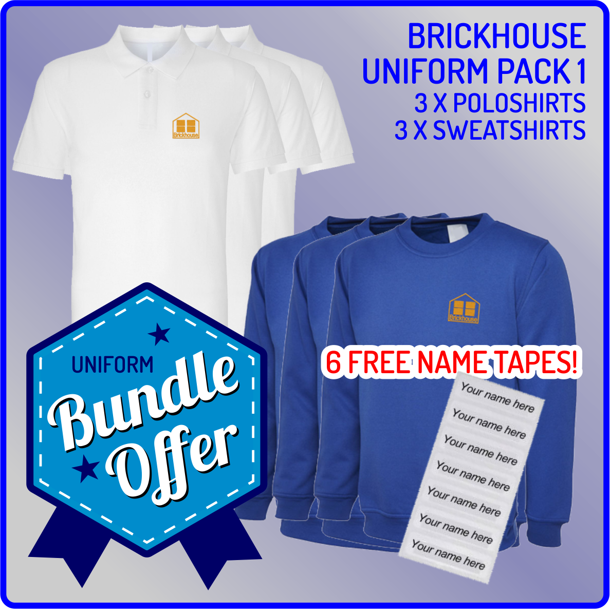Bundle offer of 3 Crew Neck Sweatshirts & 3 Poloshirts - includes FREE NAME TAPES!