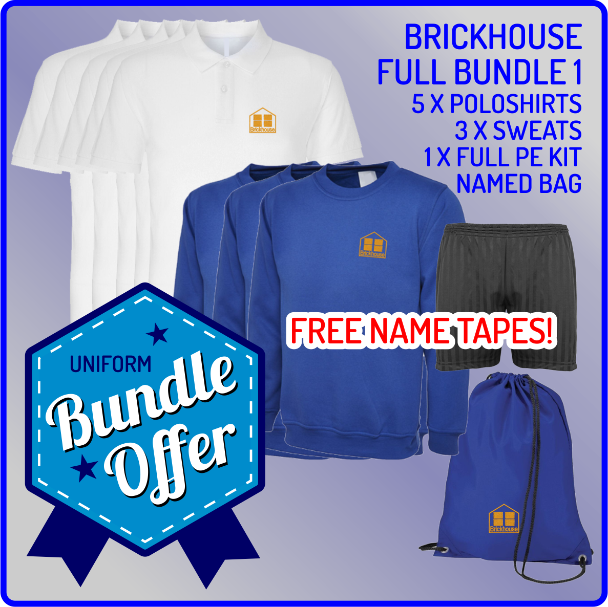 Bundle offer of 5 Poloshrts, 3 Sweatshirts, PE T, Shorts and PE Back - includes FREE NAME TAPES!
