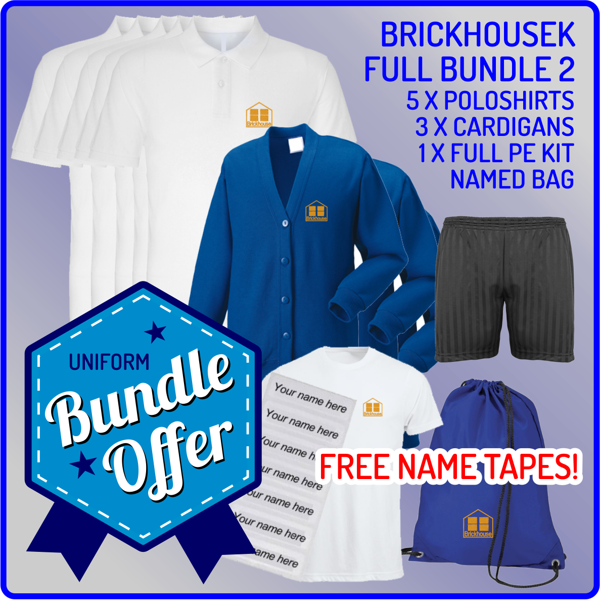 Bundle offer of 5 Poloshrts, 3 Cardigans, PE T, Shorts and PE Back - includes FREE NAME TAPES!