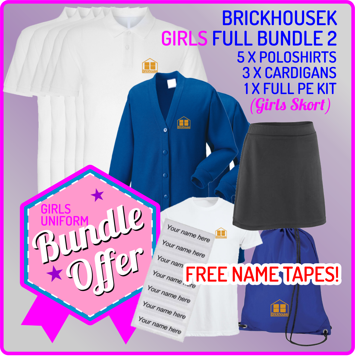 Bundle offer of 5 Poloshrts, 3 Cardigans, PE T, Shorts and PE Back  includes FREE NAMES TAPES!