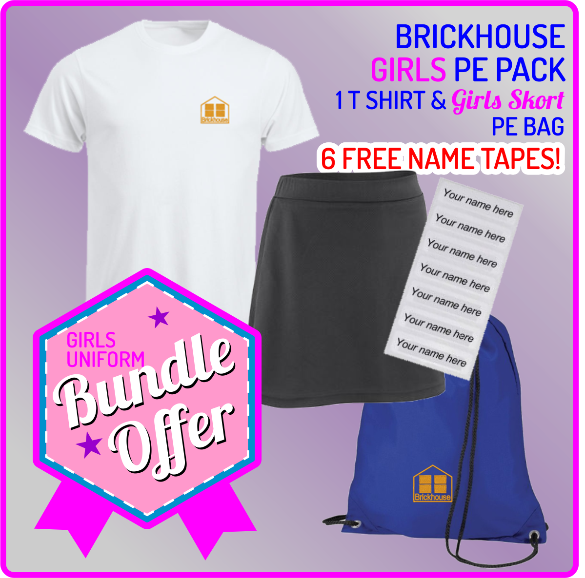 Bundle offer of T Shirt, Girls Skorts and a PE Bag! - includes FREE NAMES TAPES!